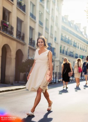 Firefly smiling women with white dress walking on paris street, sunshine 26844.jpg