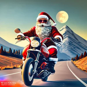 Firefly_santa+claus with round sunglasses riding a motorbike on a highway with montains in th...webp