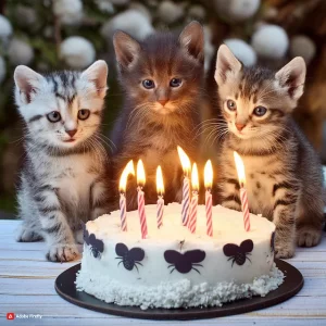 Firefly 3 chatons autour d'un gâteau d'anniversaire avec des bougies en forme de souris 4162...webp