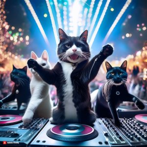 Firefly tomorrowland avec des chats noir et blanc qui dansent et des DJ's chats également 45561.jpg