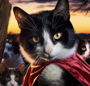 Firefly 5 chats noir et blanc avec une cape dansant autour d'un feu de bois à la tombée de ...webp Firefly 5 chats noir et blanc avec une cape dansant autour d'un feu de bois à la tombée de ...webp